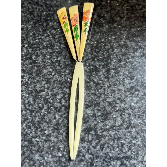 Vtg Japanese Kanzashi Hair Stick White Painted 3 Fan On Metal 2